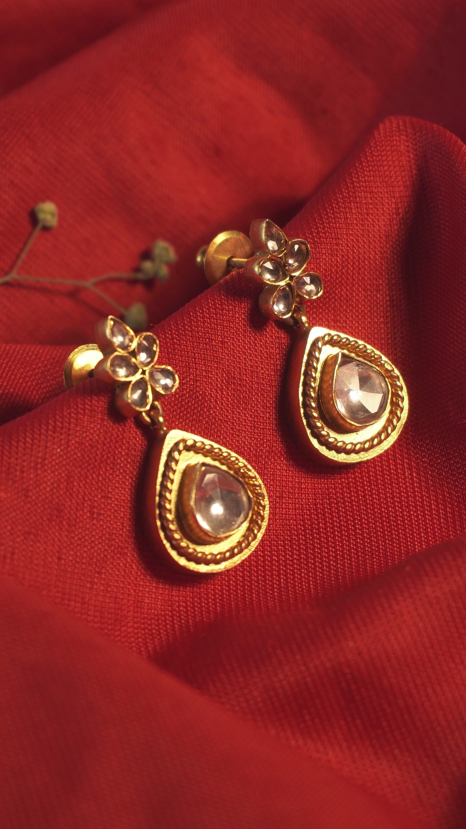 Premium Gold Plated Polki Teardrop Earrings | Antique Rope Border Drop