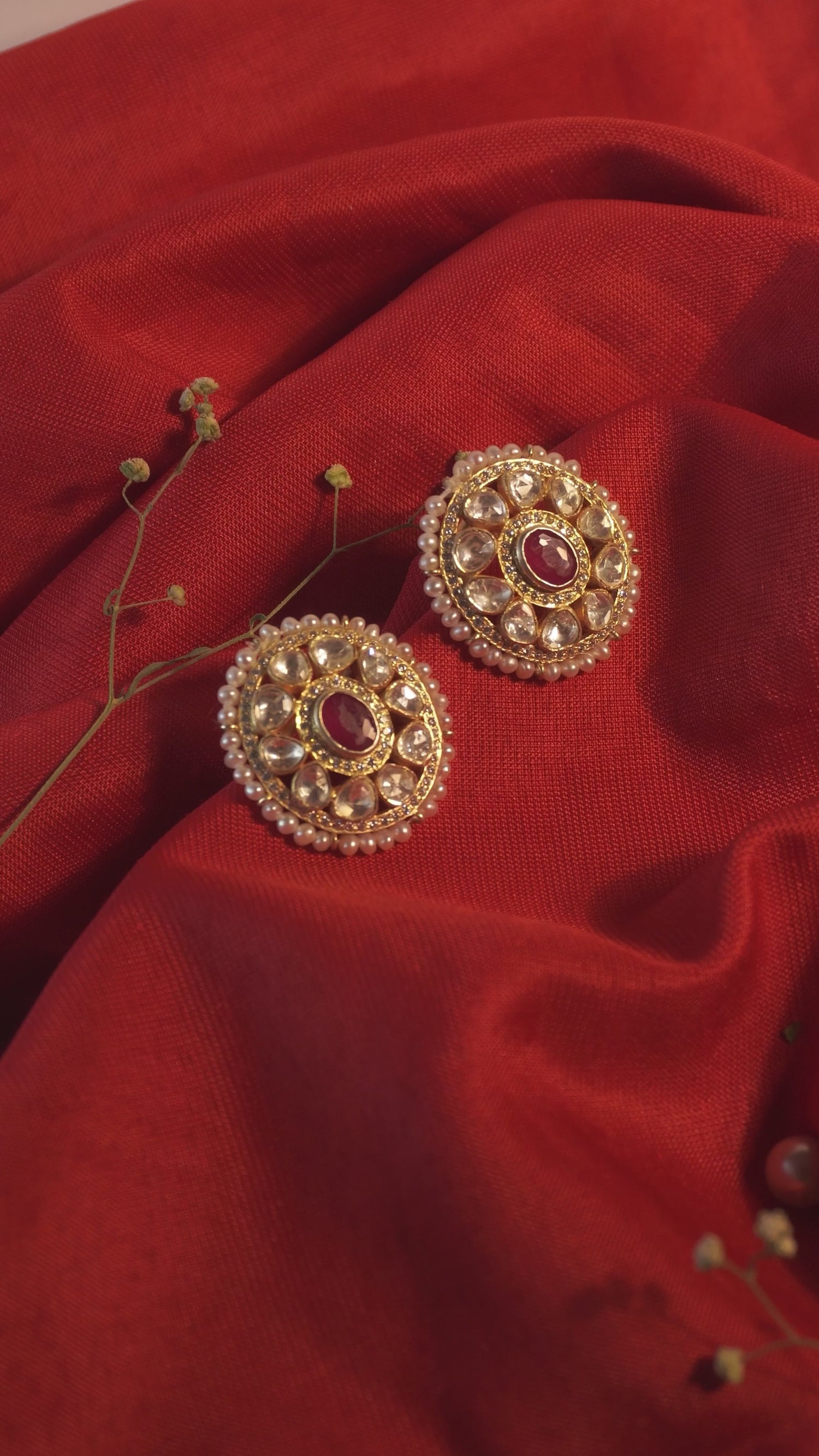 Gold Plated Ruby Polki Stud Earrings with Pearl Halo | Traditional Jadau Tops