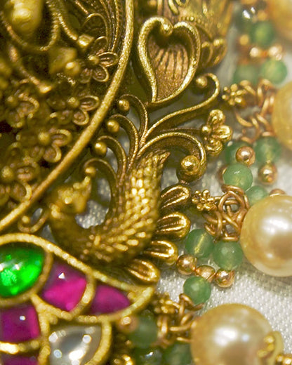 Radha Krishna Peacock Antique Temple Pendant Necklace Set