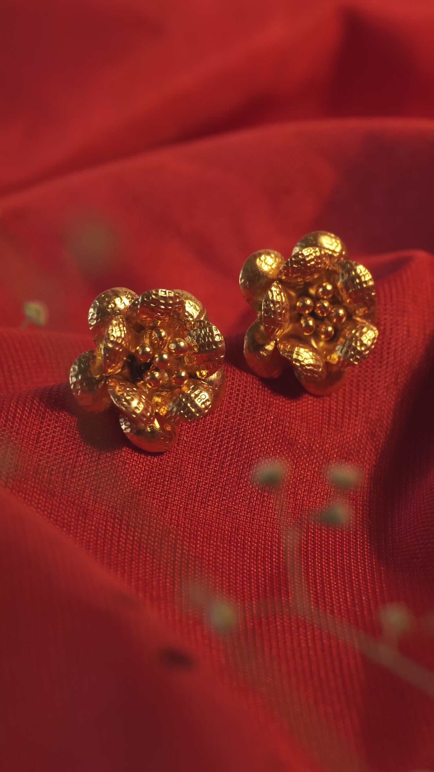 Premium Gold Plated Silver 3D Floral Stud Earrings | Antique Hammered Texture Flower