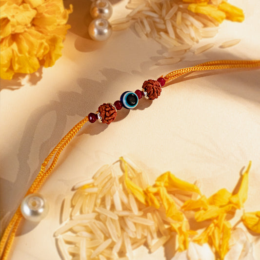 Hardik Jewels Rudraksha Evil Eye Rakhi with 92.5 Silver Beads.
