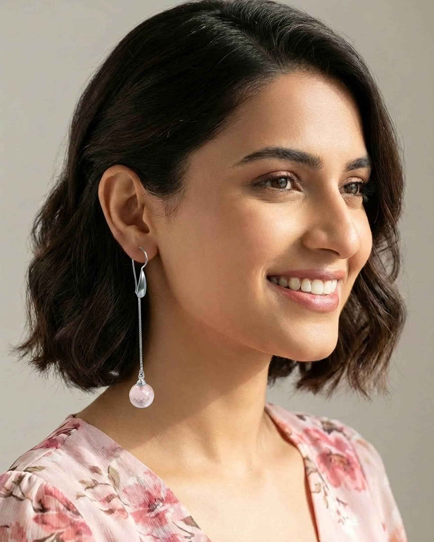 Elegant Long Drop Earrings with Pink Crystal