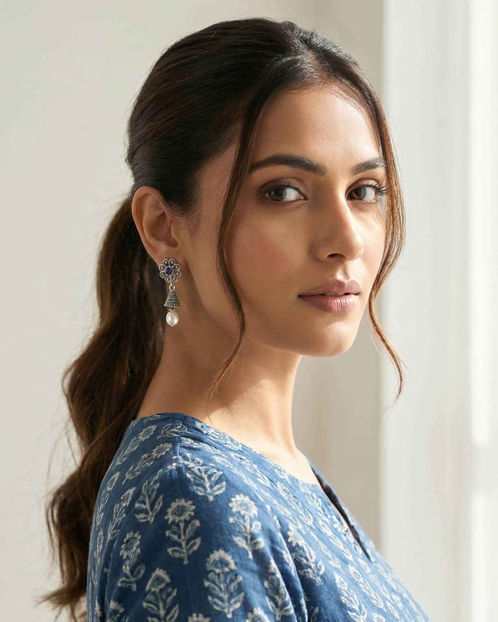 92.5 Sterling Silver Oxidized Floral Jhumki | Blue Stone & Pearl Drop