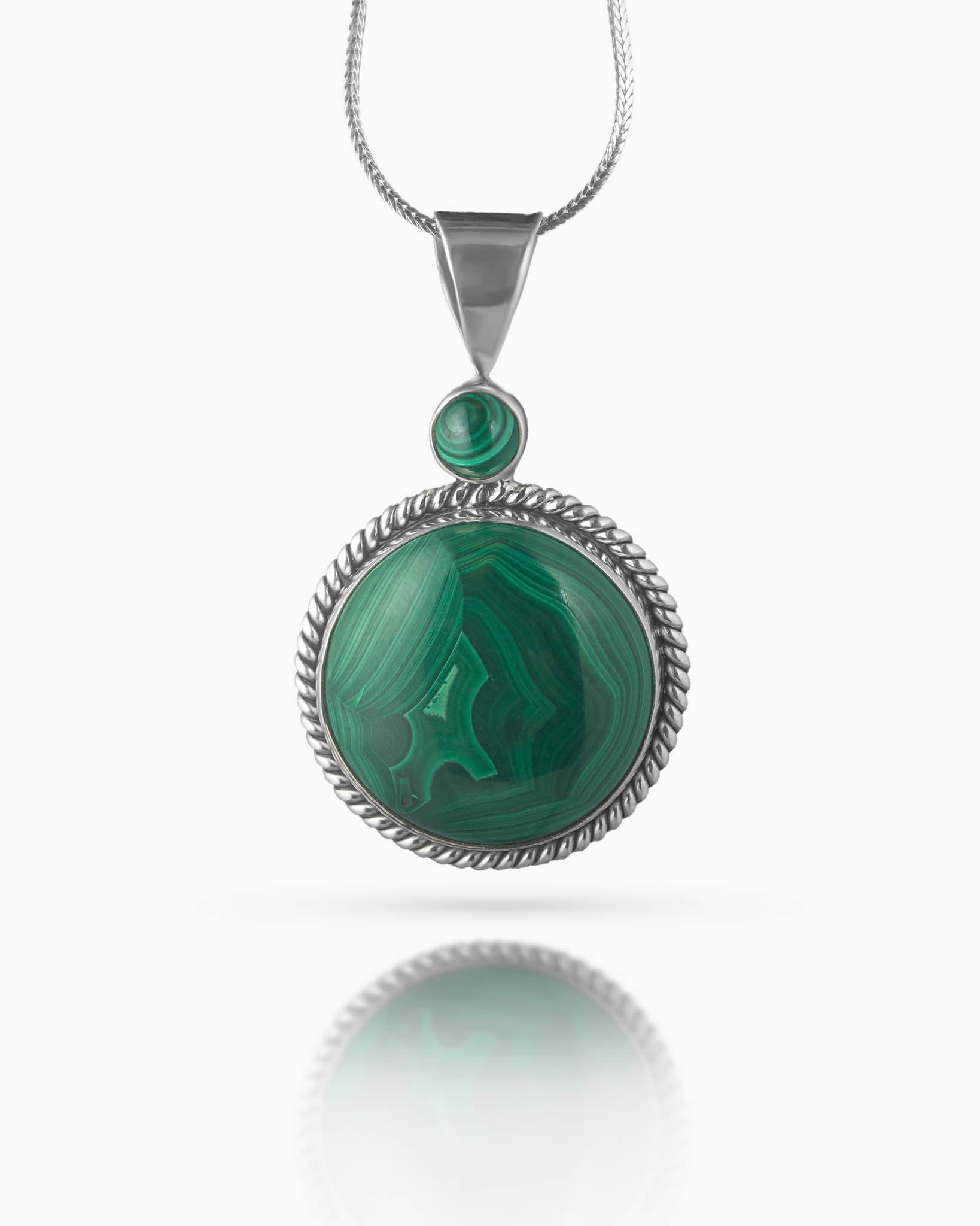 92.5 Sterling Silver Green Malachite Pendant | Twisted Rope Border (Chain Not Included)