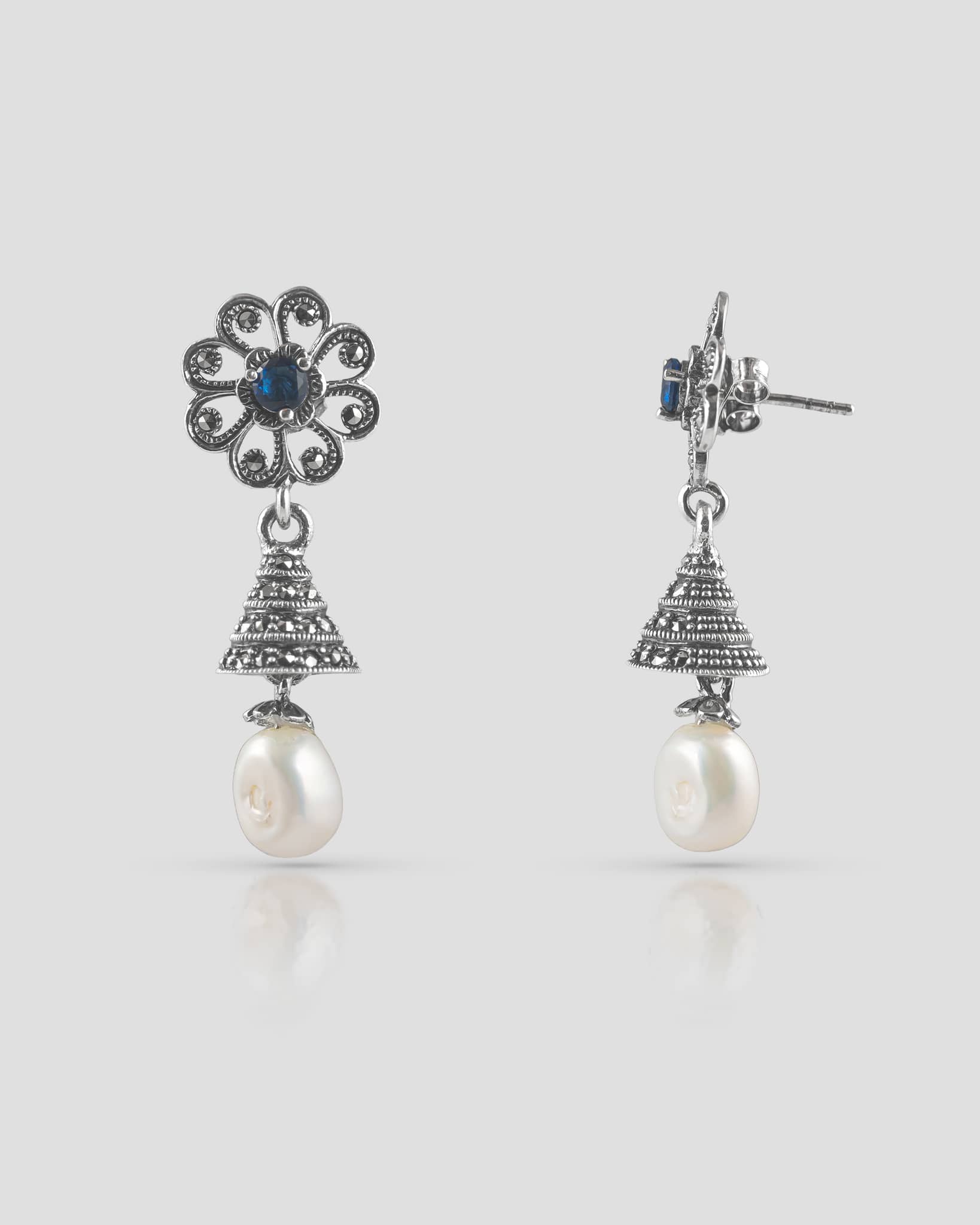92.5 Sterling Silver Oxidized Floral Jhumki | Blue Stone & Pearl Drop