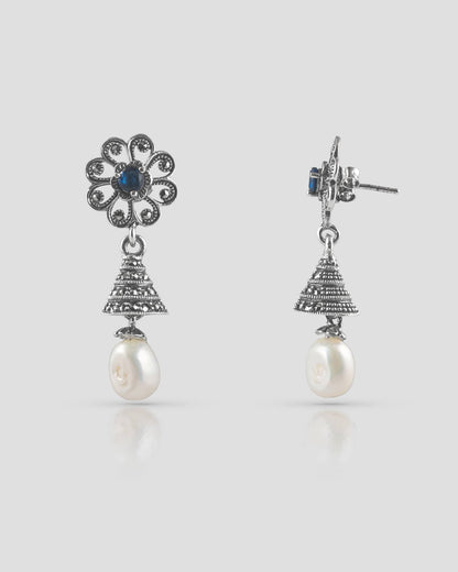 92.5 Sterling Silver Oxidized Floral Jhumki | Blue Stone &amp; Pearl Drop