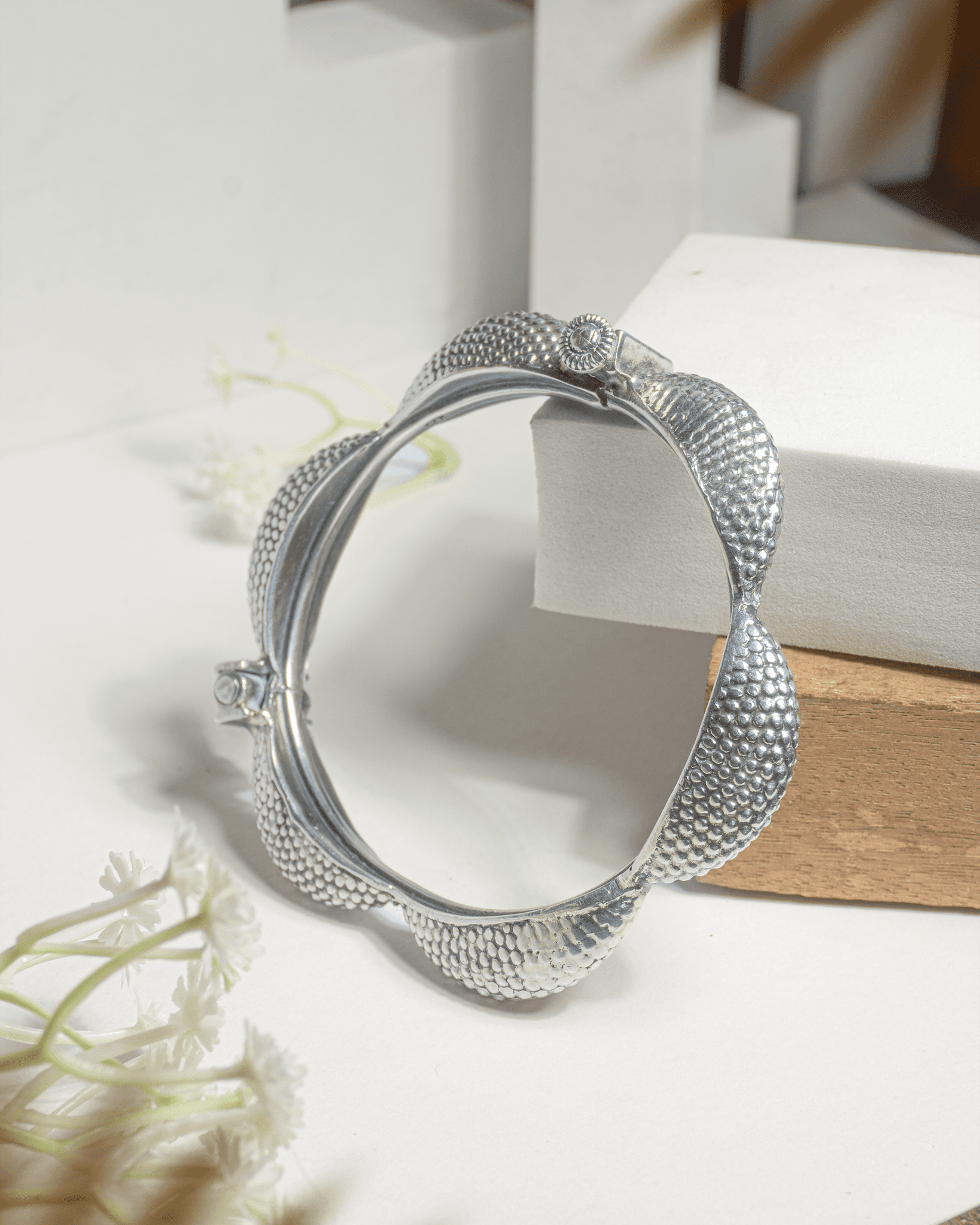 92.5 Sterling Silver Textured Scalloped Bangle | Tribal Beaded Hinged Kada