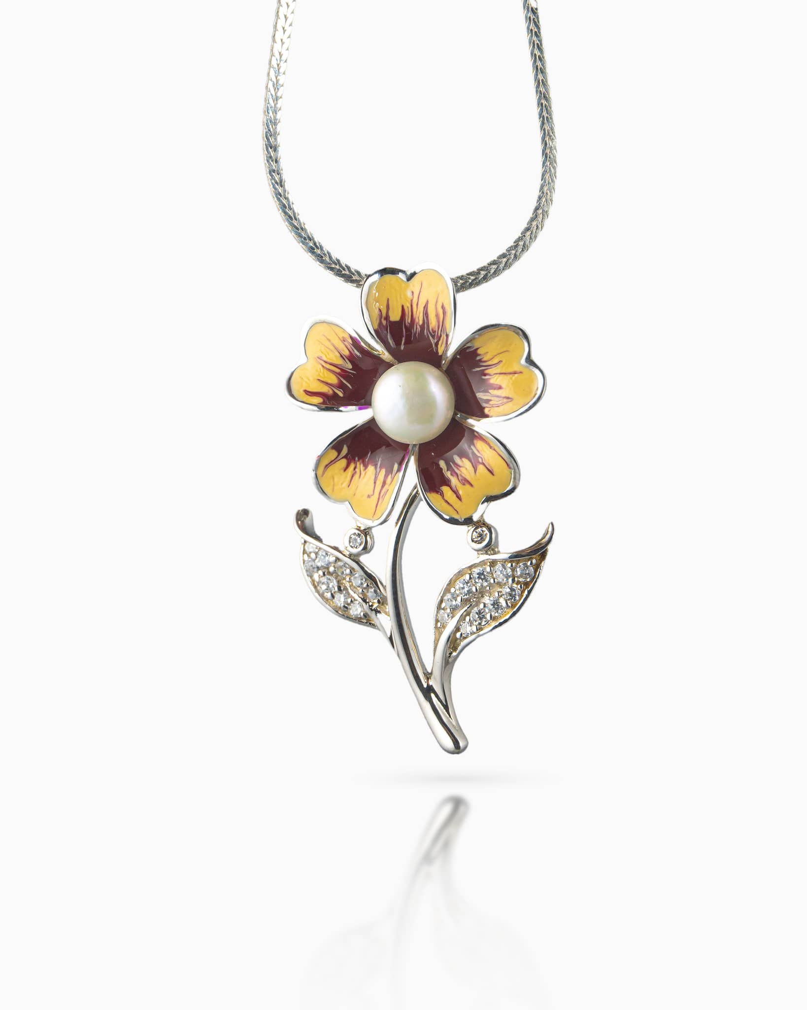 92.5 Sterling Silver Enamel Flower Pearl Pendant | CZ Leaf Details (Chain Not Included)