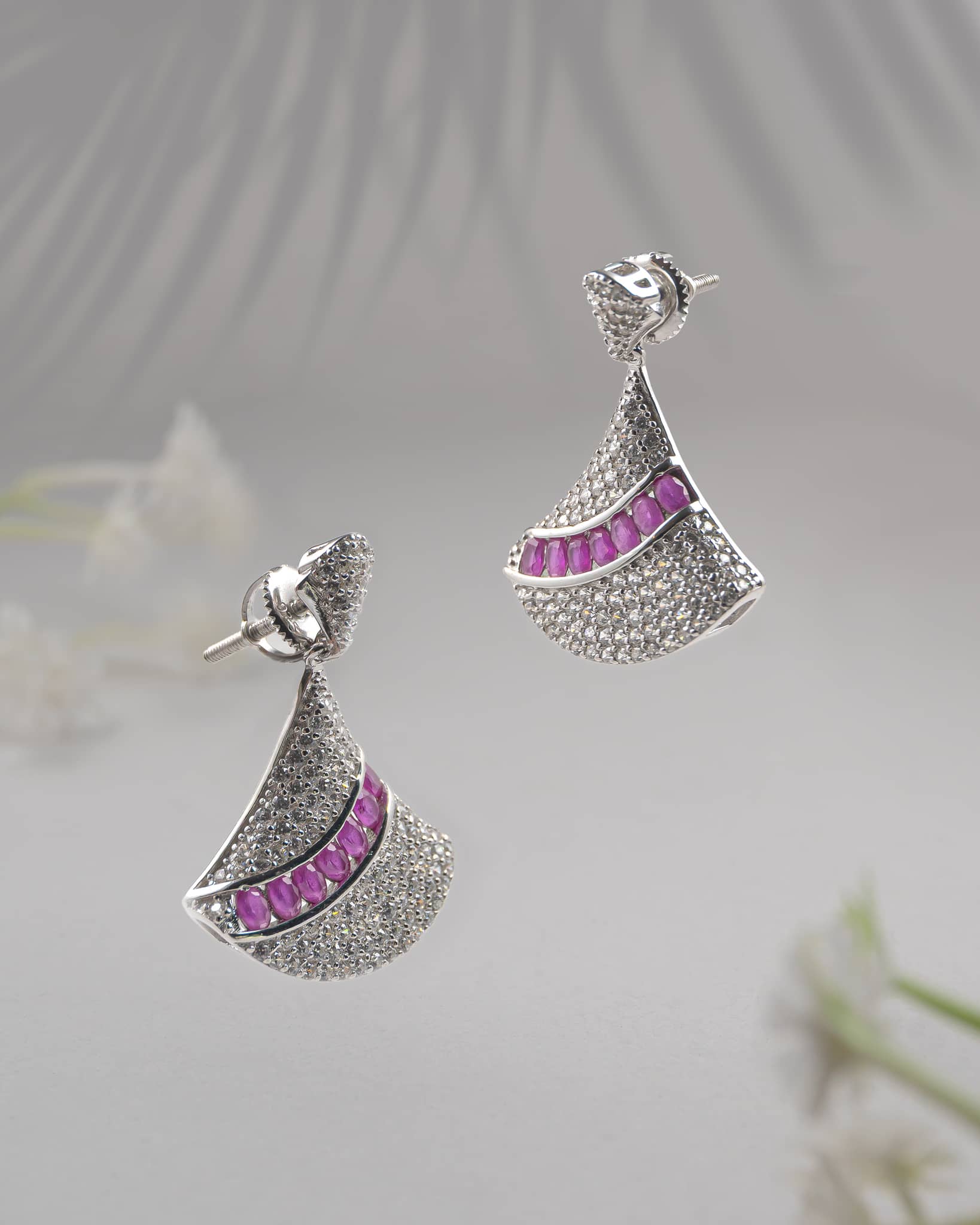 92.5 Sterling Silver CZ Fan Drop Earrings | Pink Ruby Channel Dangle