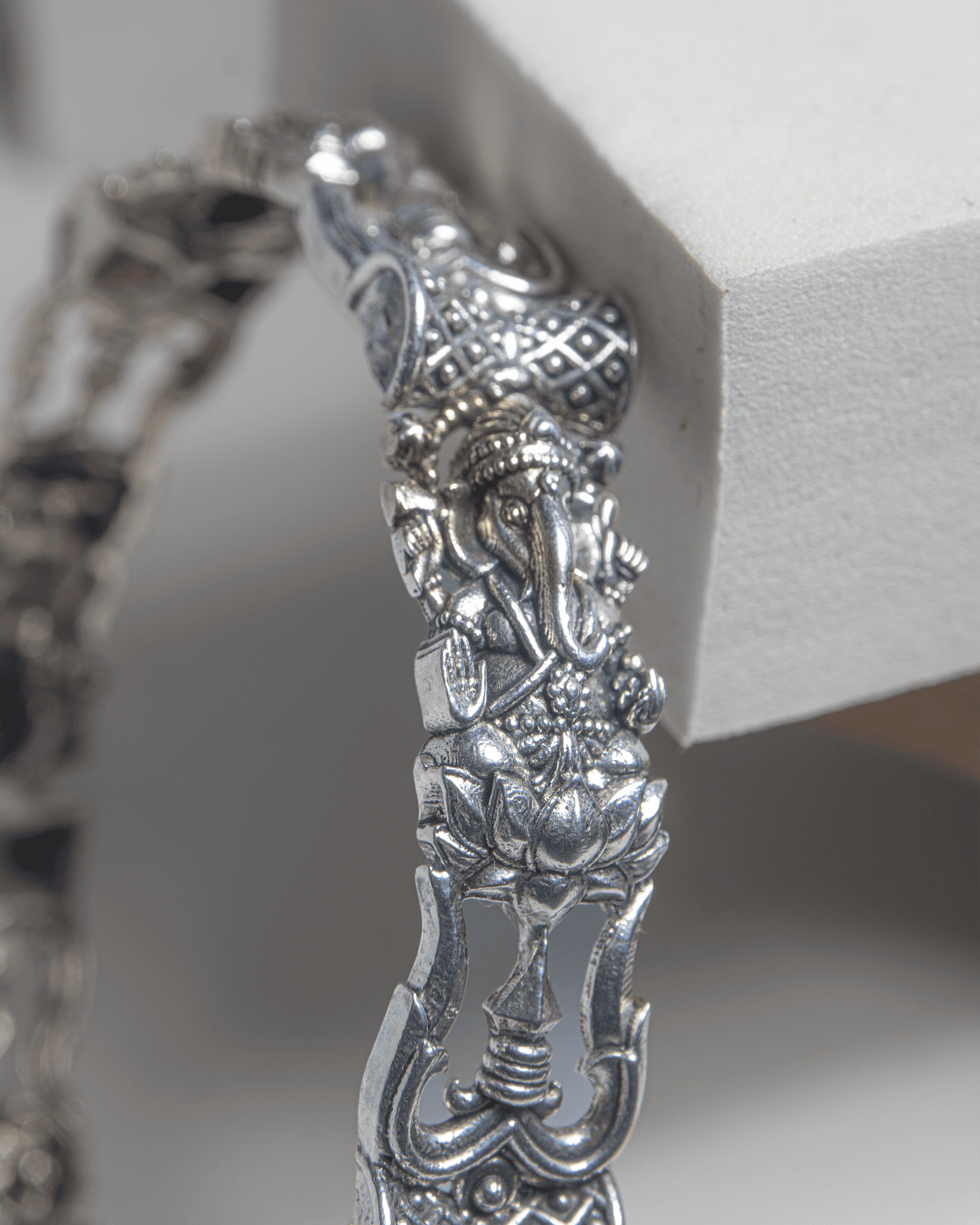 92.5 Sterling Silver Oxidized Ganesha Bangle | Antique Lotus Temple Kada