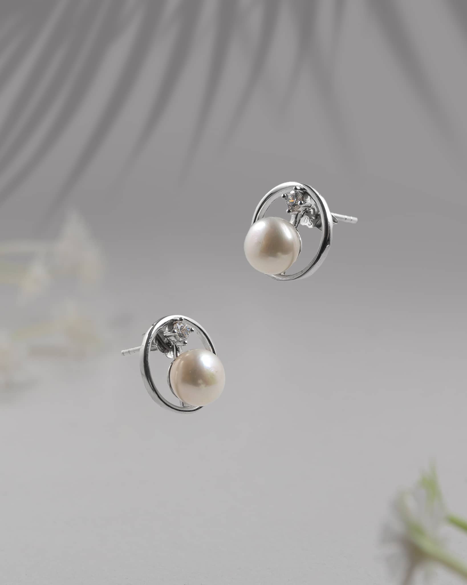 92.5 Sterling Silver Open Circle Pearl Stud Earrings | Minimalist CZ Solitaire