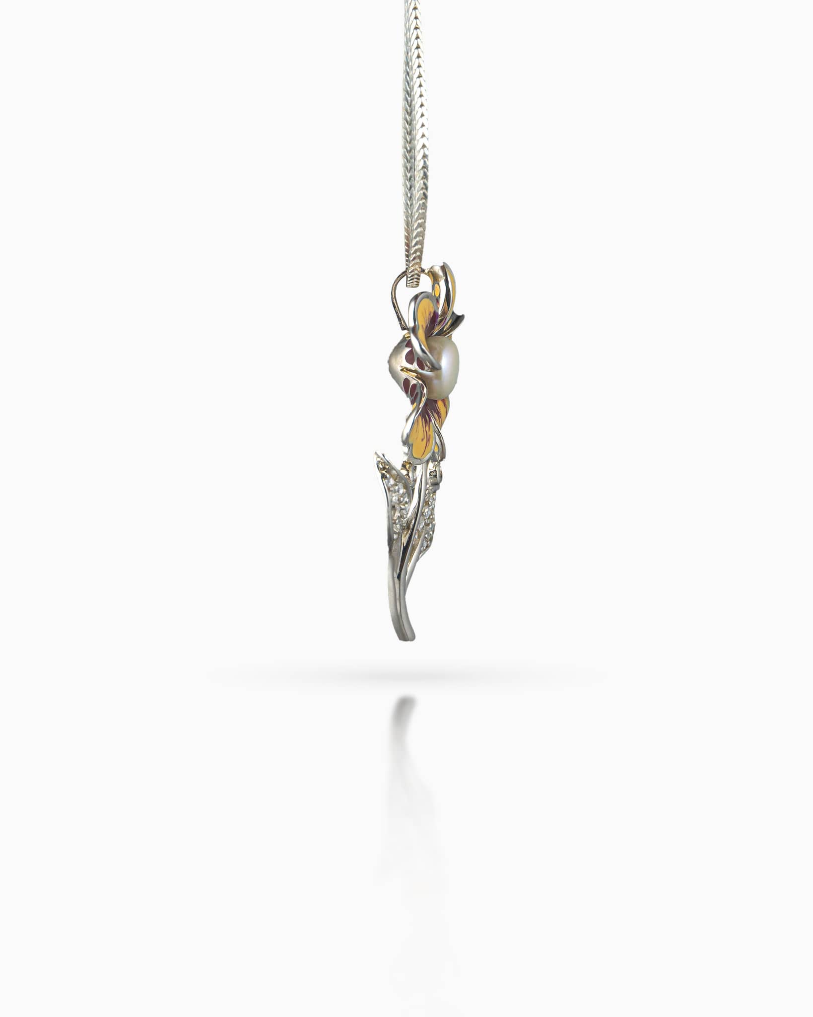 92.5 Sterling Silver Enamel Flower Pearl Pendant | CZ Leaf Details (Chain Not Included)