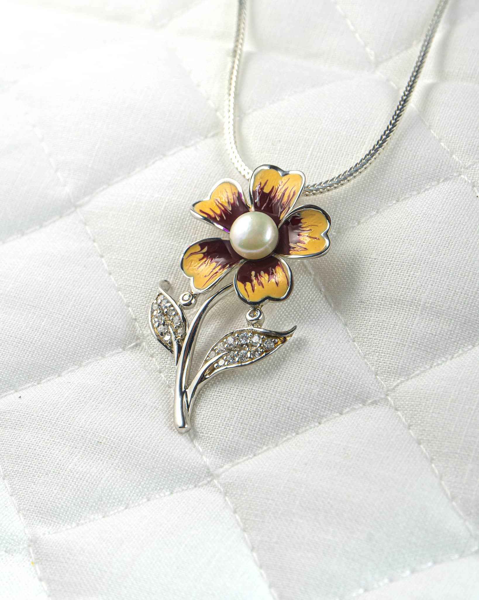92.5 Sterling Silver Enamel Flower Pearl Pendant | CZ Leaf Details (Chain Not Included)