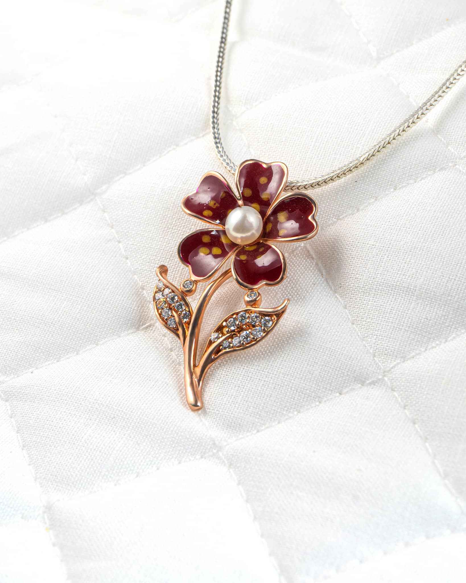 92.5 Sterling Silver Rose Gold Polka Dot Enamel Flower Pendant | Pearl Center (Chain Not Included)