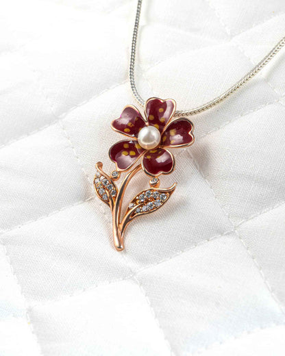 92.5 Sterling Silver Rose Gold Polka Dot Enamel Flower Pendant | Pearl Center (Chain Not Included)