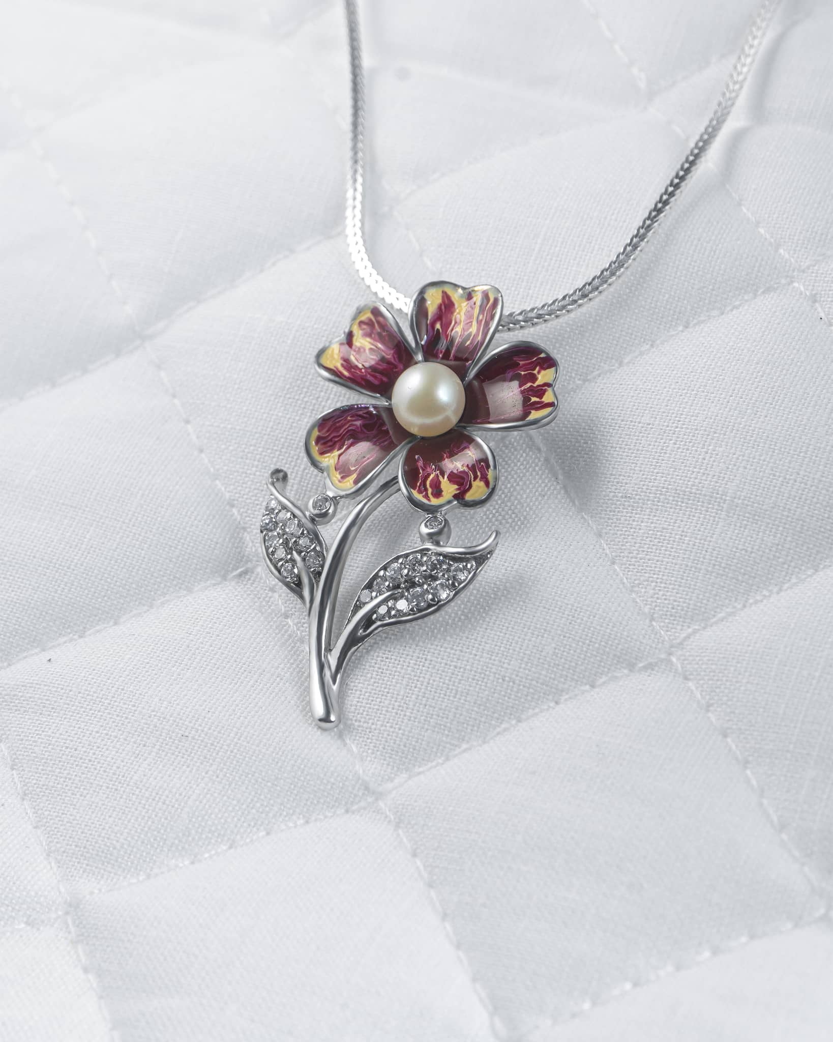 92.5 Sterling Silver Maroon Enamel Flower Pendant | Pearl Center (Chain Not Included)