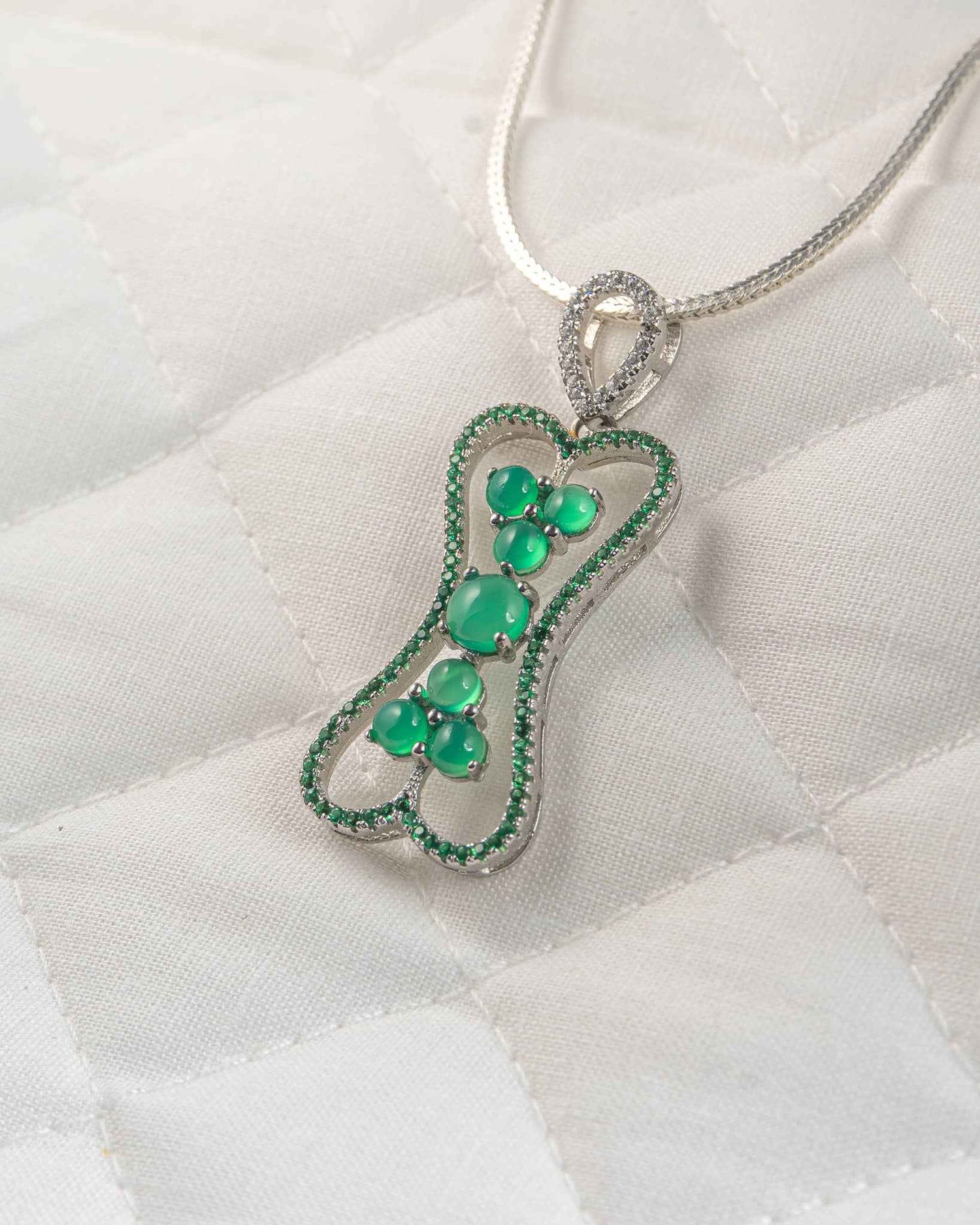 92.5 Sterling Silver Green Cabochon Pendant | Pave Hourglass Frame (Chain Not Included)