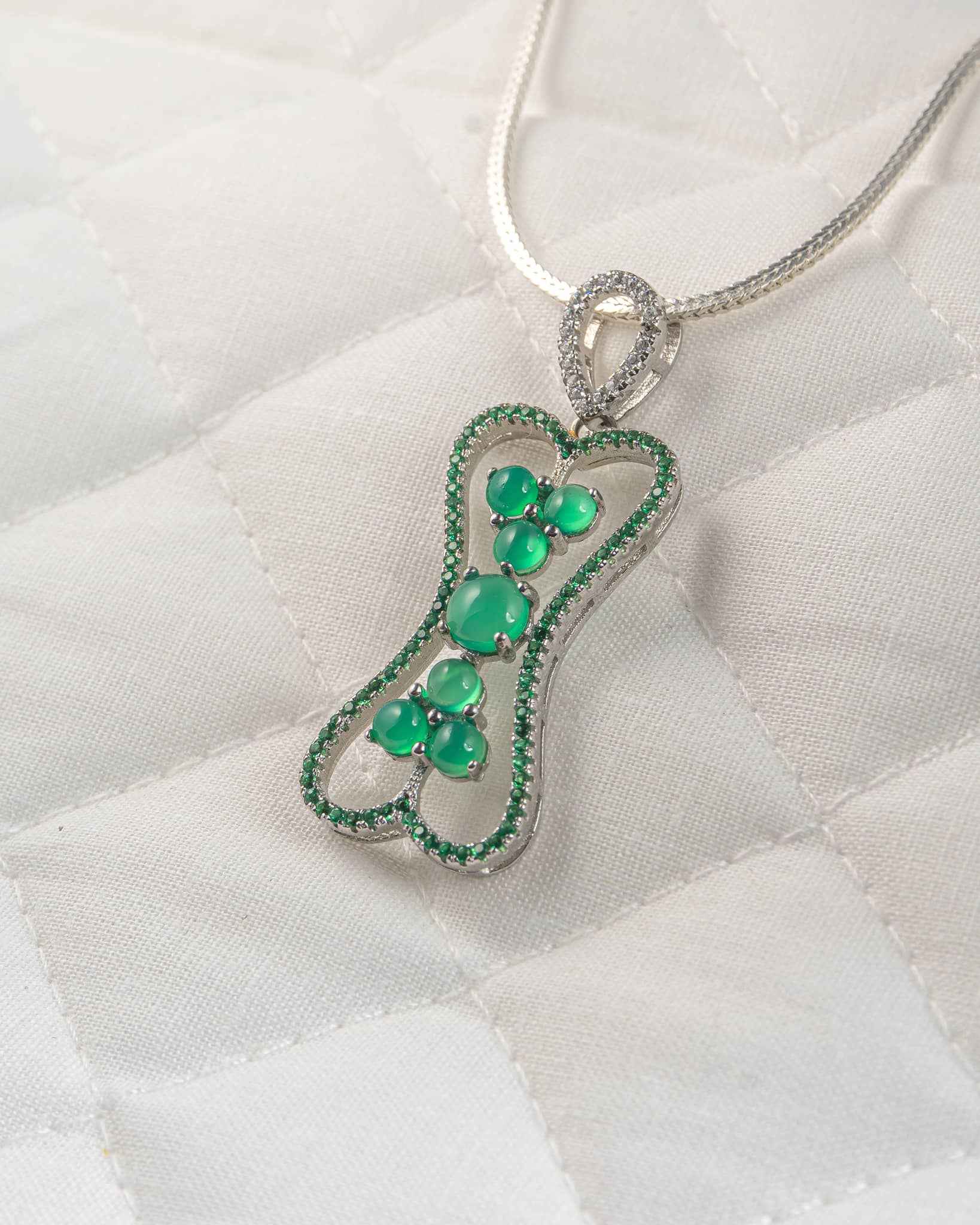 92.5 Sterling Silver Green Cabochon Pendant | Pave Hourglass Frame (Chain Not Included)