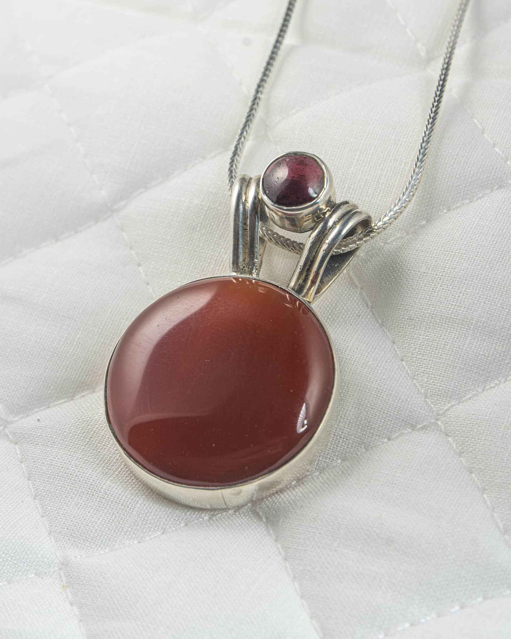 92.5 Sterling Silver Red Cabochon Pendant | Earthy Two-Stone Design (Chain Not Included)