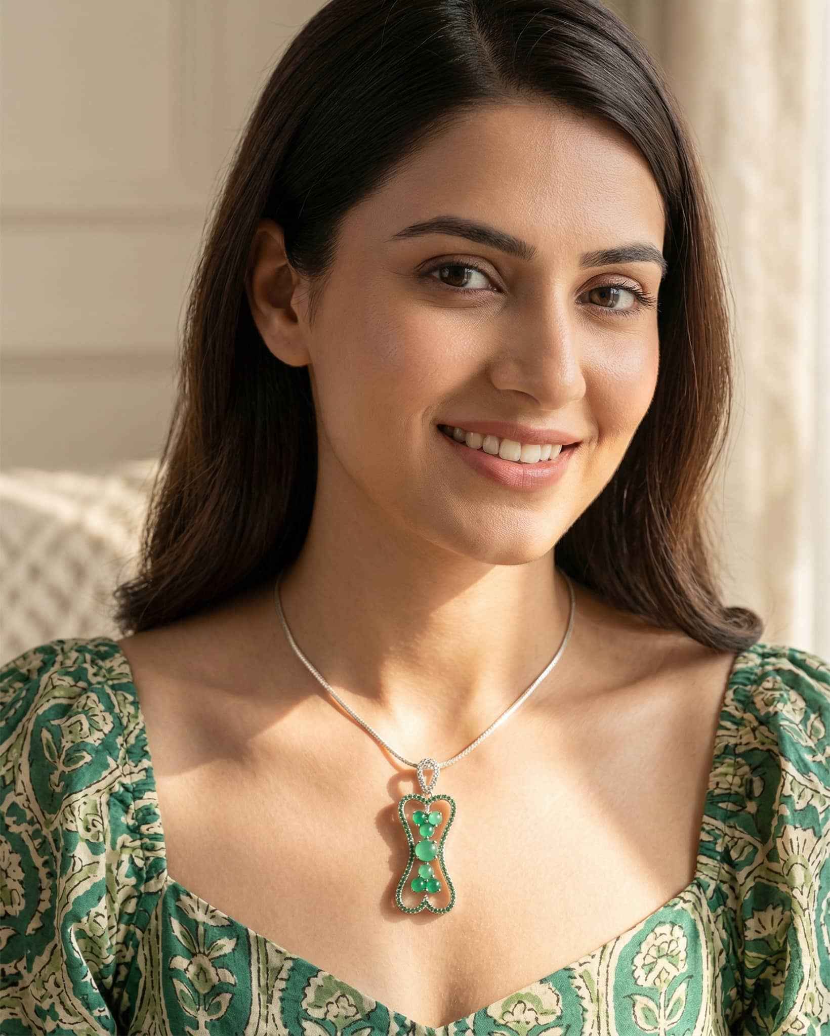 92.5 Sterling Silver Green Cabochon Pendant | Pave Hourglass Frame (Chain Not Included)