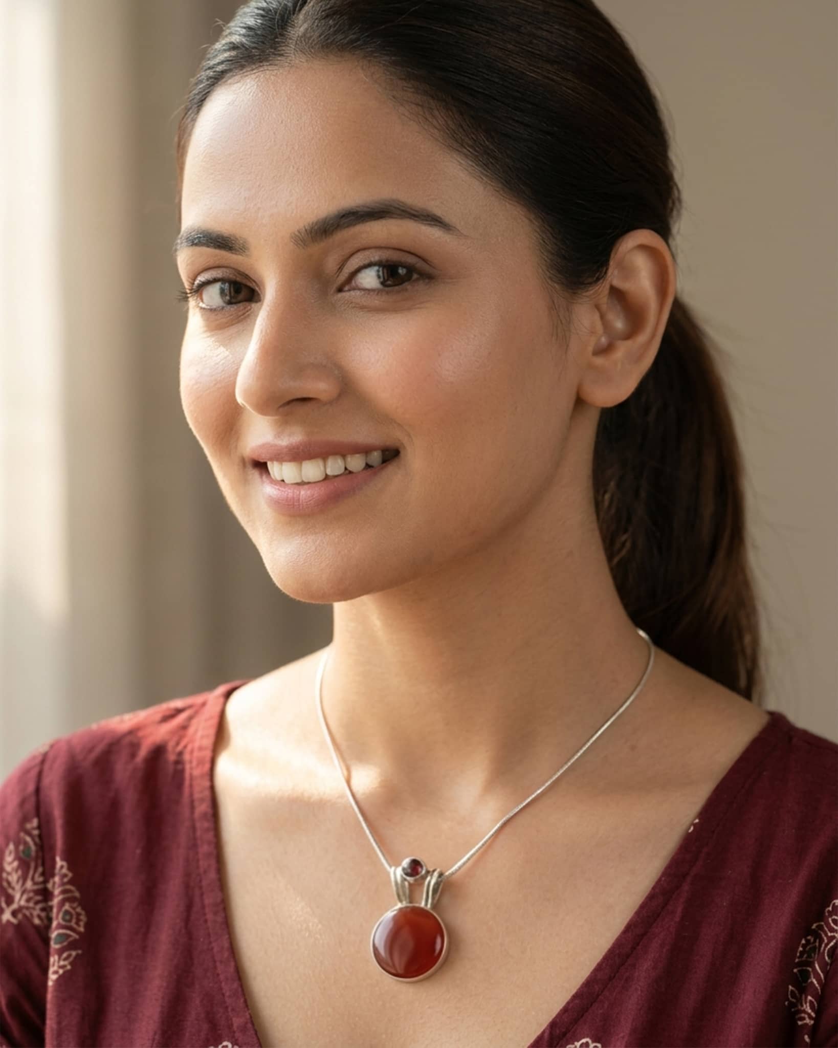 Beautiful woman wearing an earthy 92.5 sterling silver pendant featuring a smooth red cabochon stone paired with a maroon outfit.