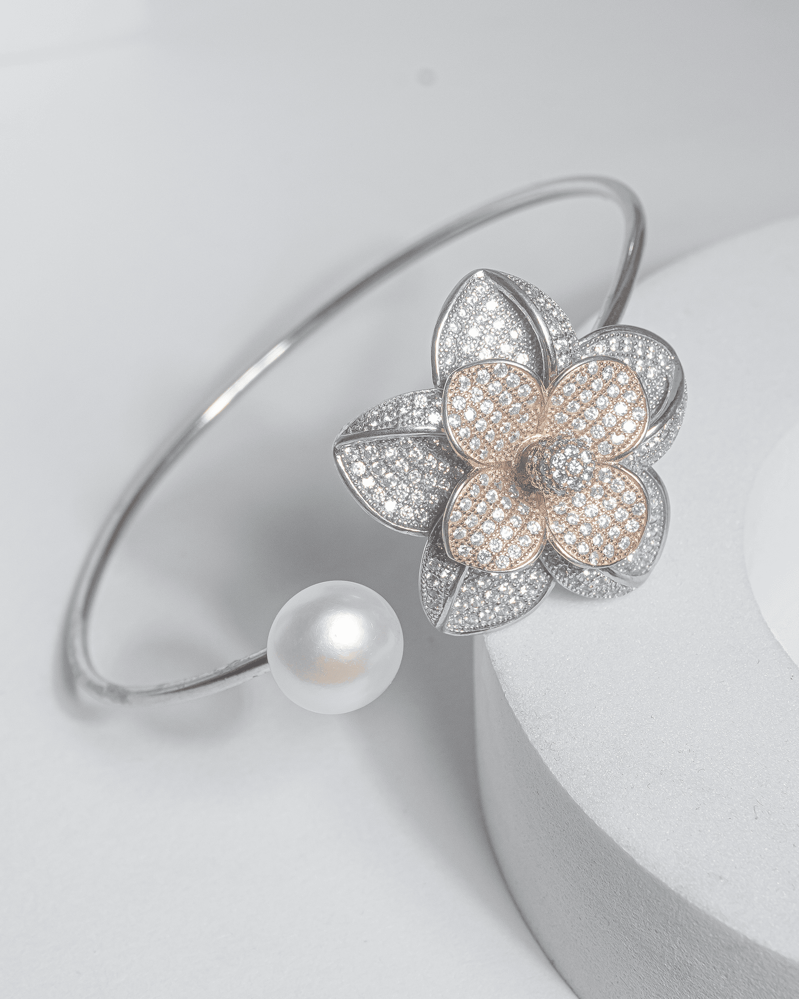 92.5 Sterling Silver Dual-Tone Floral & Pearl Bypass Bangle | CZ Cuff