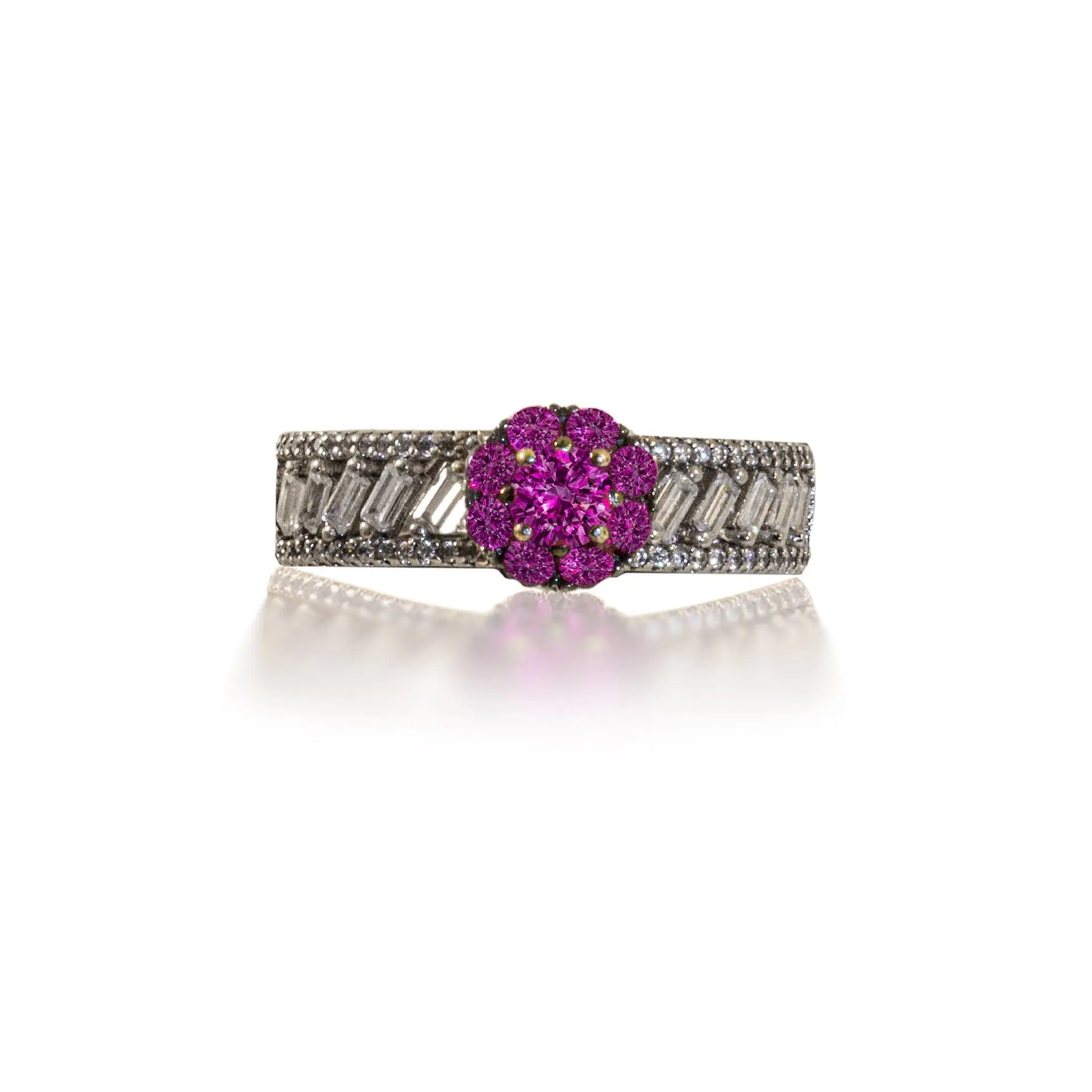Hardik Jewels sterling silver pink gemstone ring with intricate band and cluster of pink stones