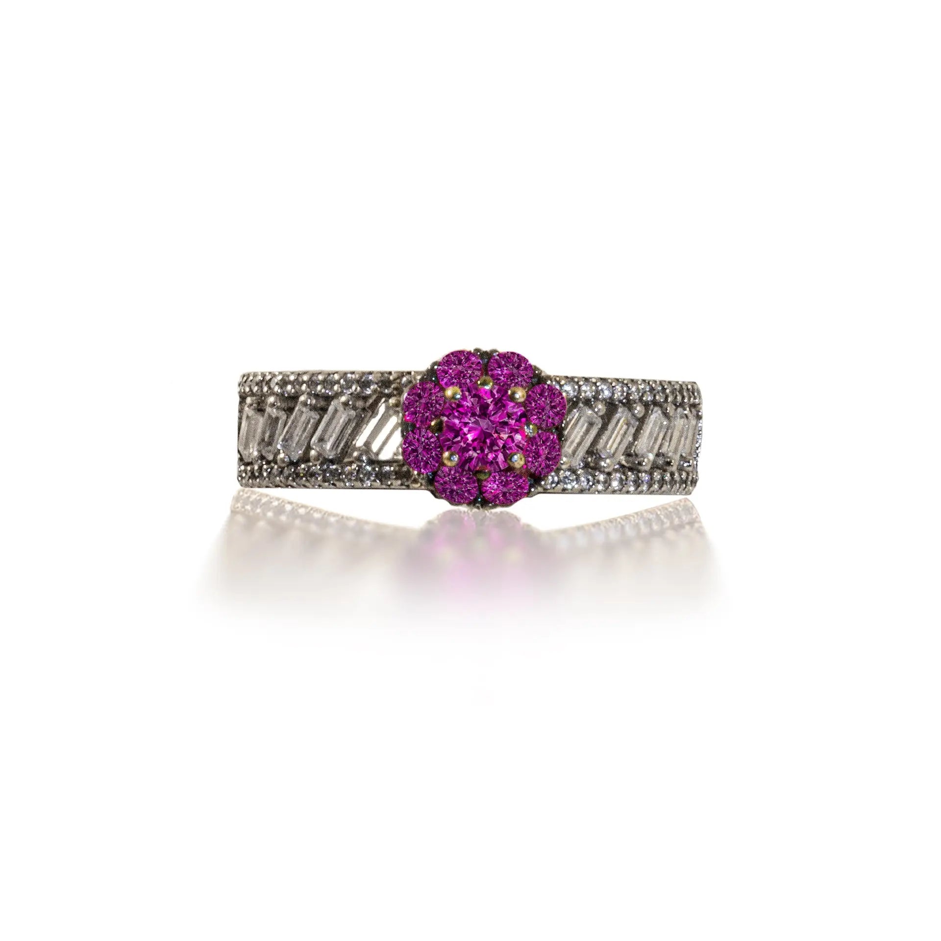 Hardik Jewels sterling silver pink gemstone ring with intricate band and cluster of pink stones