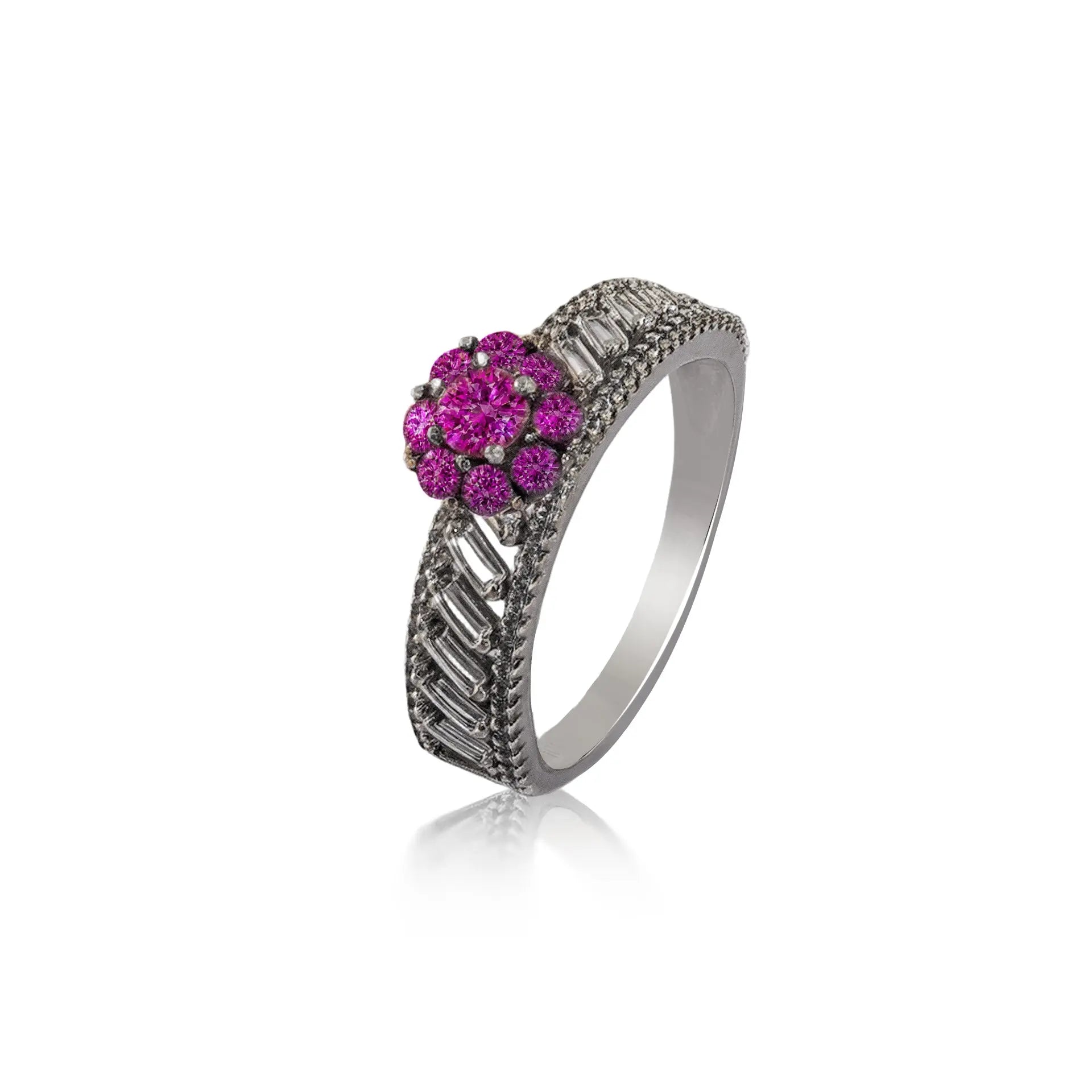 Sterling silver pink gemstone ring with intricate band design and bright pink stones cluster