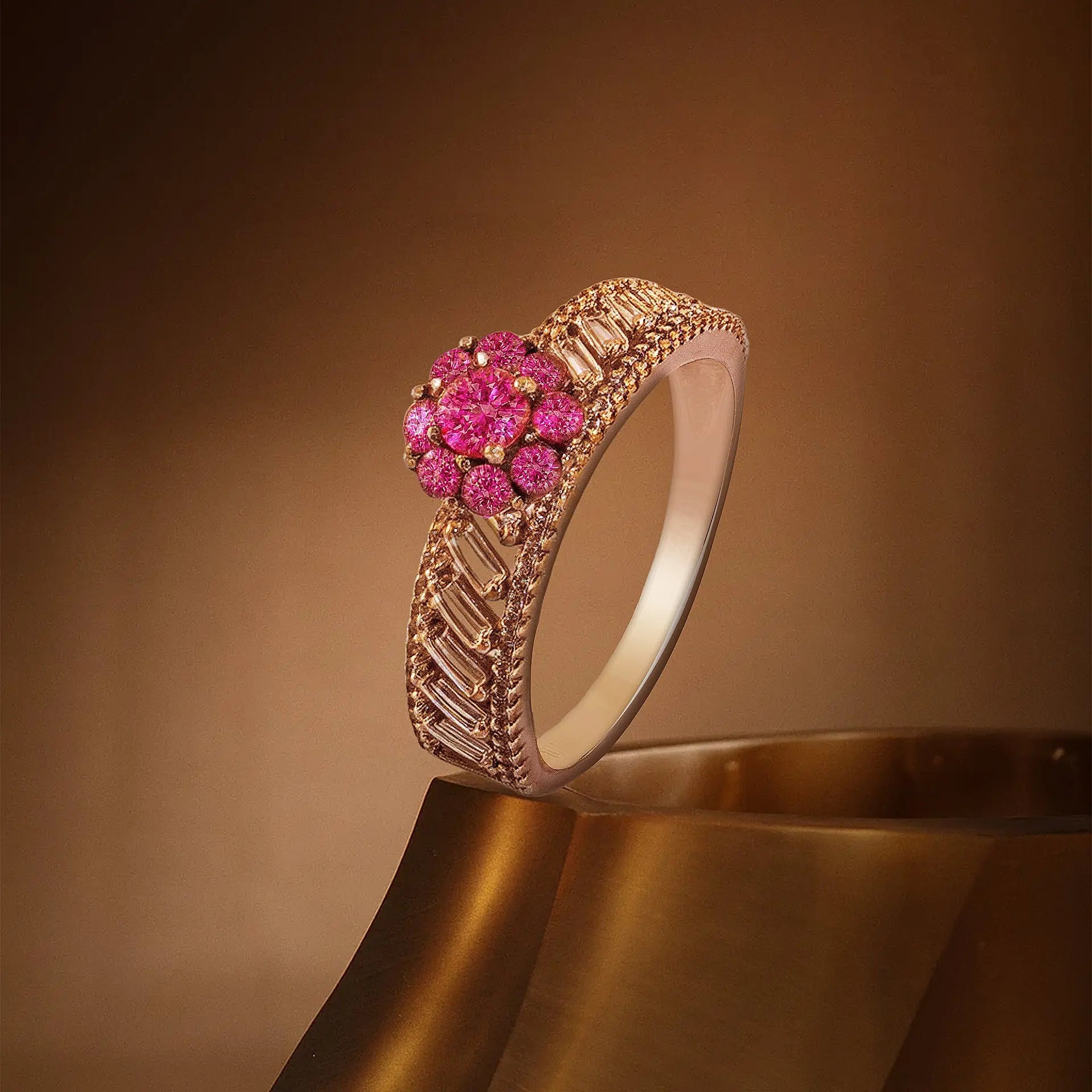 Hardik Jewels sterling silver pink gemstone ring with intricate band design and vibrant cluster setting